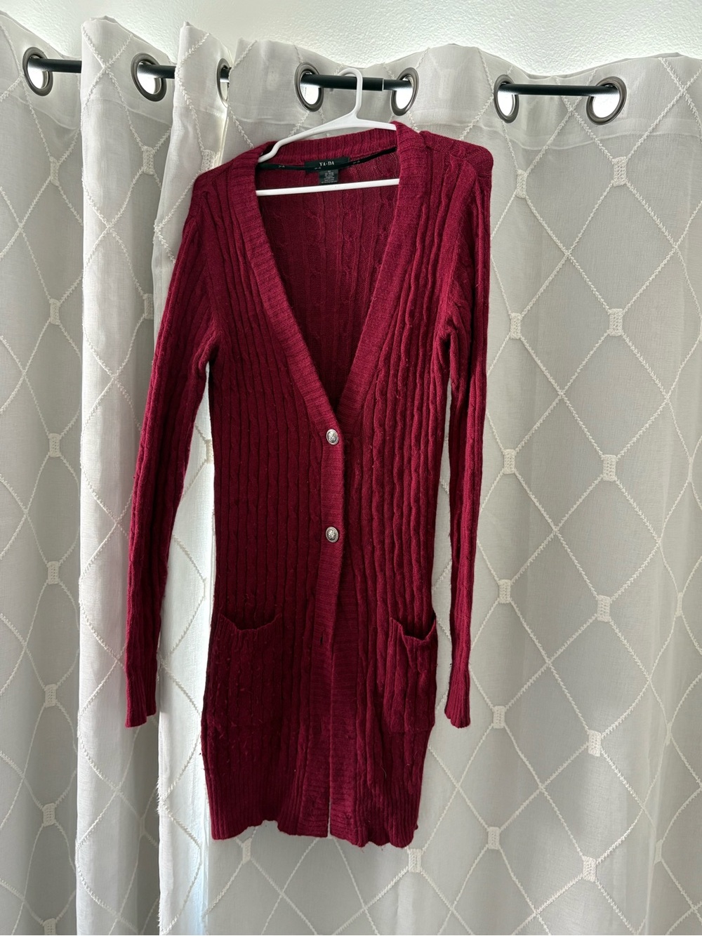 Long Cable-Knit Cardigan Sweater - Wine